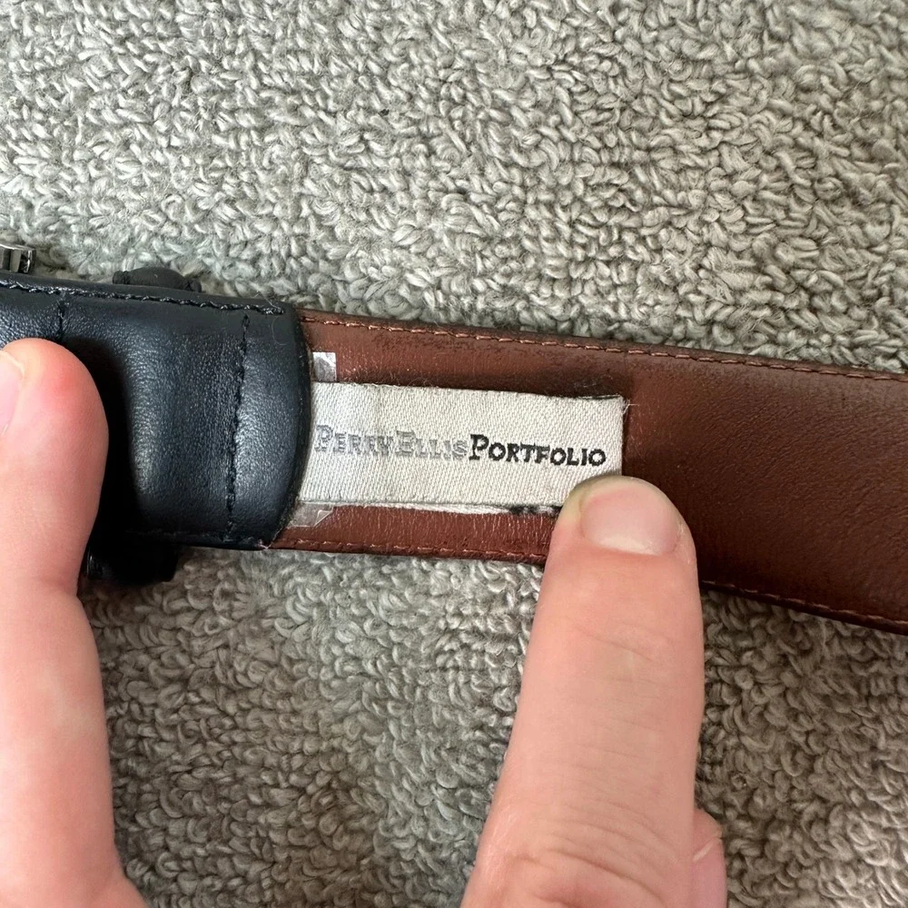 Perry Ellis Portfolio Mens Black Leather Belt Full Grain Cowhide Size 42 1P35050
